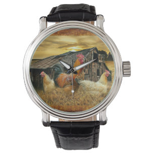 Vintage Rooster Hens Rustic Barn Coop Watch