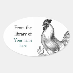 Vintage rooster illustration bookplate oval sticker
