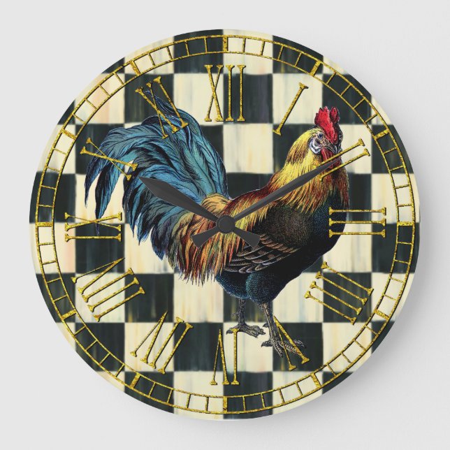 Vintage Rooster on Check Large Clock (Front)