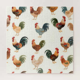 Vintage Rooster Pattern Farmhouse Style Jigsaw Puzzle