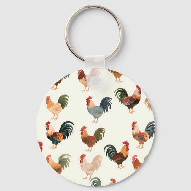 Vintage Rooster Pattern Farmhouse Style Key Ring (Front)