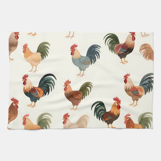 Vintage Rooster Pattern Farmhouse Style Tea Towel (Horizontal)