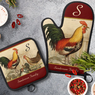 Vintage Rooster: Personalised with a monogram name Oven Mitt & Pot Holder Set