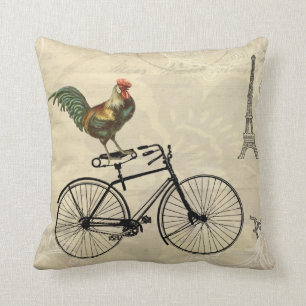 Vintage Rooster Riding a Bike by the Eiffel Tower Cushion