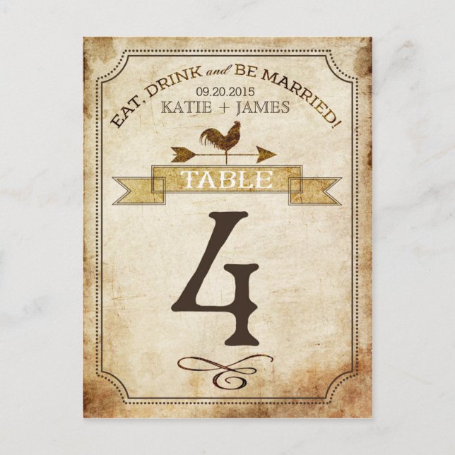 Vintage Rooster Rustic Country Table Number Card (Front)