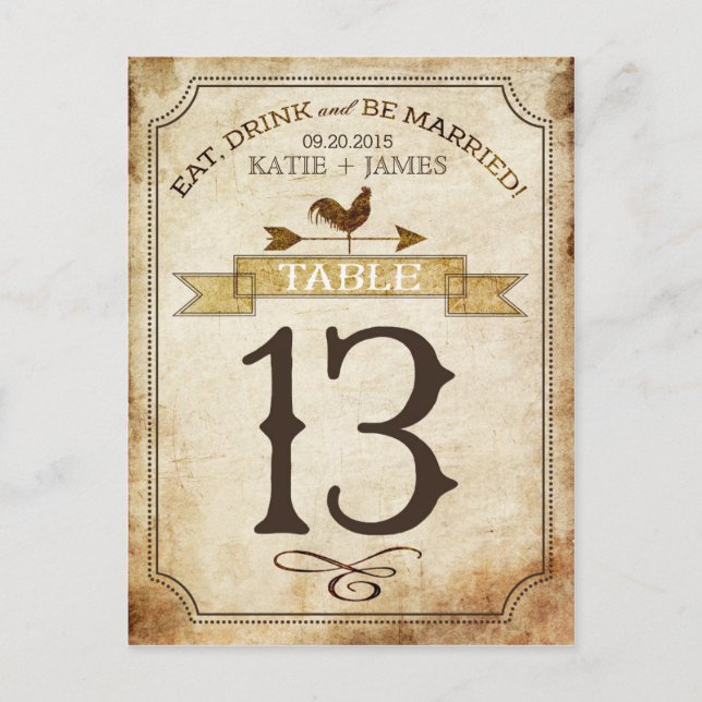Vintage Rooster Rustic Country Table Number Card (Front)