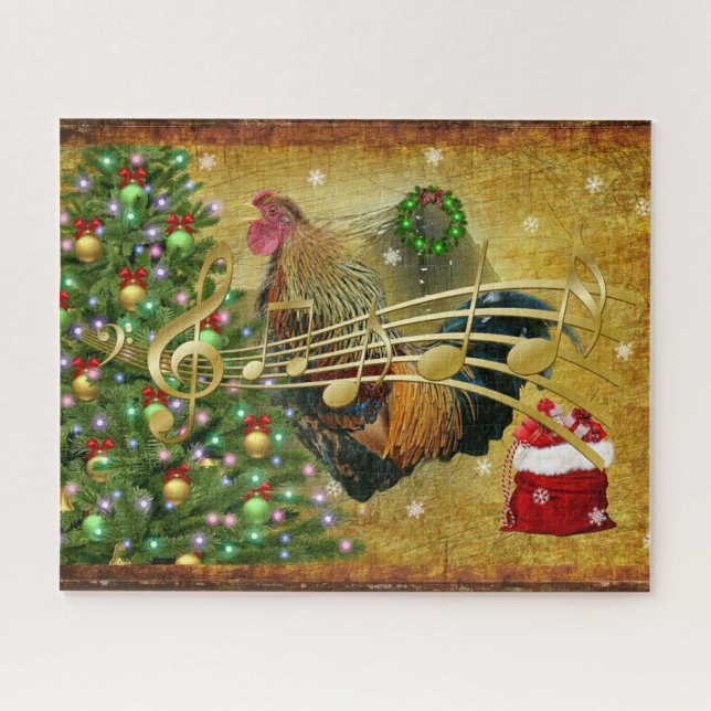 Vintage Rooster Singing Christmas Carols Jigsaw Puzzle (Horizontal)