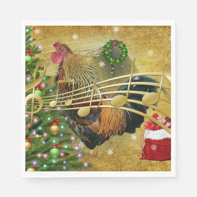 Vintage Rooster Singing Christmas Carols Napkin (Front)