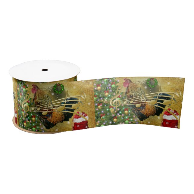 Vintage Rooster Singing Christmas Carols Satin Ribbon (Spool)