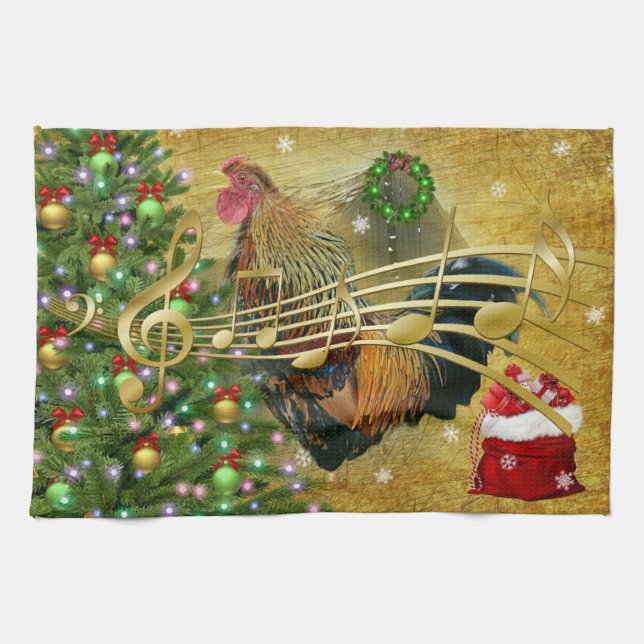Vintage Rooster Singing Christmas Carols Tea Towel (Horizontal)