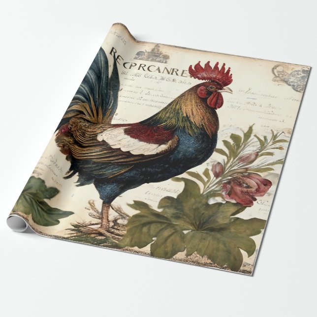 Vintage Rooster Wrapping Paper (Unrolled)