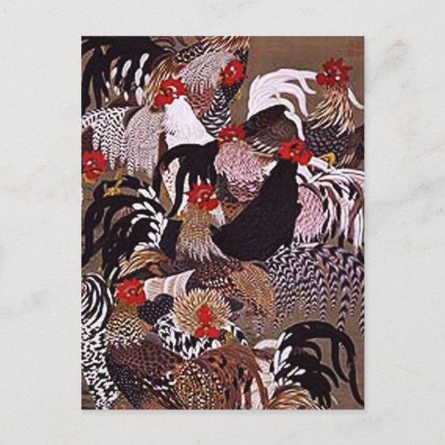 Vintage Roosters Art Postcard (Front)