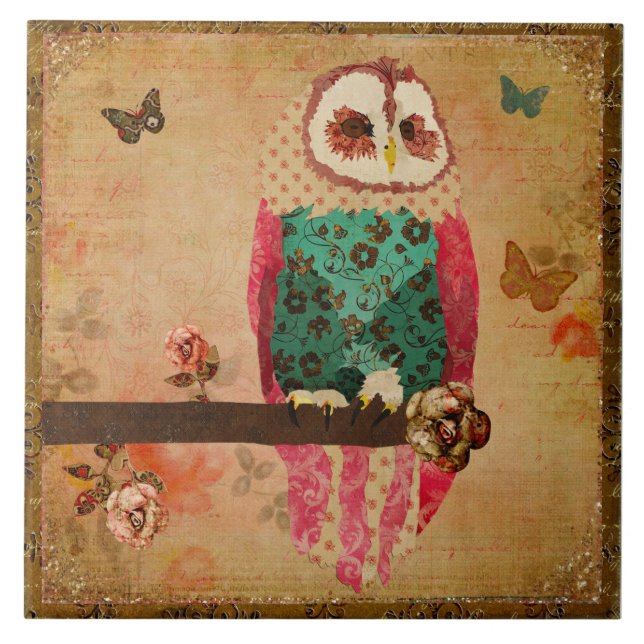 Vintage Rosa Shabby Owl Tile (Front)