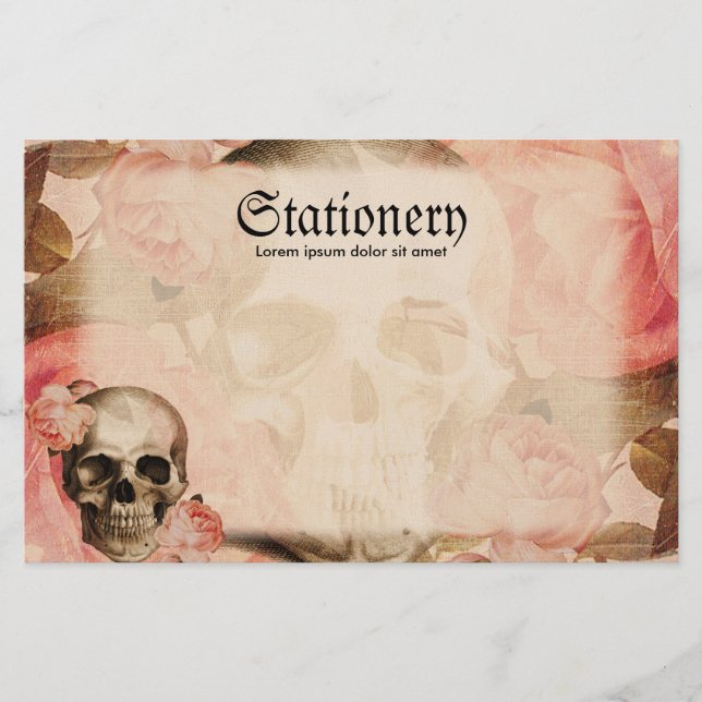 Vintage Rosa Skull Collage Stationery (Front)
