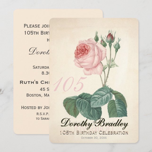 Vintage Rose 105th Birthday Celebration Custom I Invitation (Front/Back)