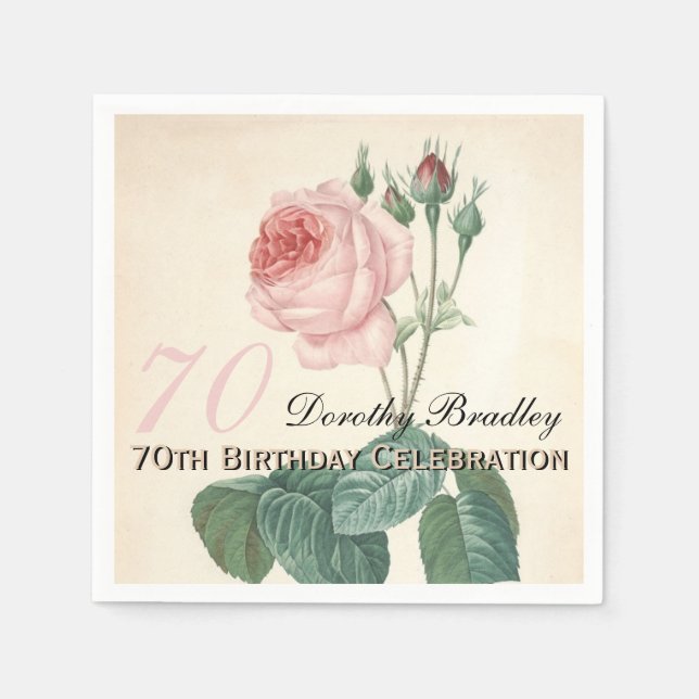 Vintage Rose 70th Birthday Party Paper Napkins (Front)