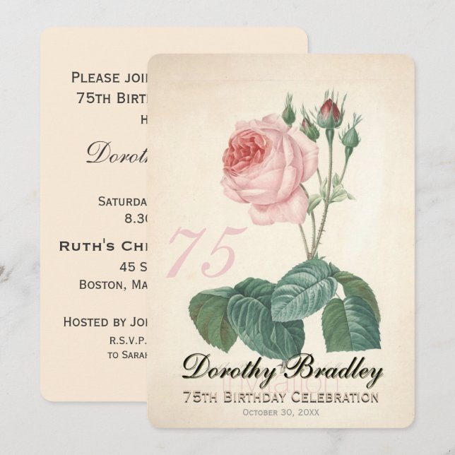 Vintage Rose 75th Birthday Celebration Custom I Invitation (Front/Back)