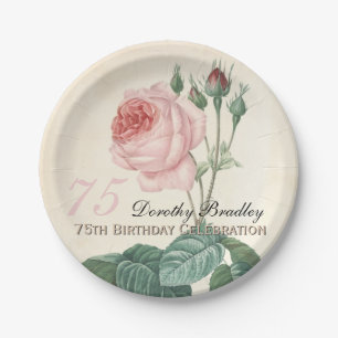 Vintage Rose 75th Birthday Celebration Paper Plate