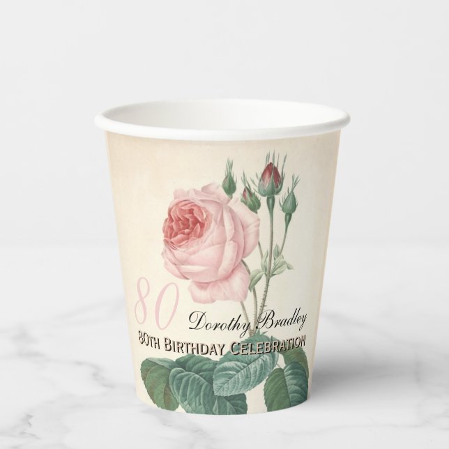 Vintage Rose 80th Birthday Celebration Paper cup (Front)