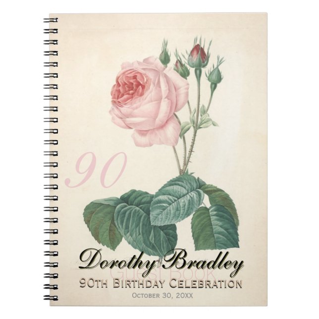 Vintage Rose 90th Birthday Celebration GuestBook Notebook (Front)