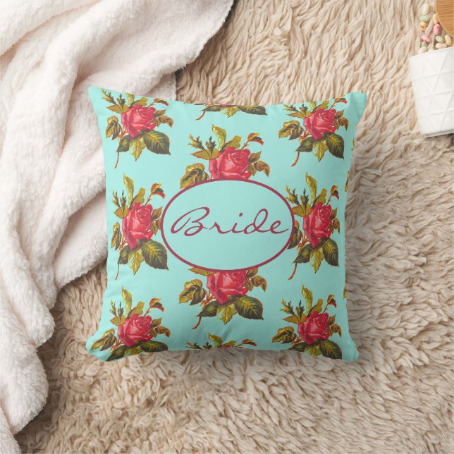 Vintage Rose and Aqua Bride Wedding Keepsake  Cushion (Blanket)