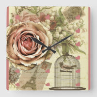 Vintage Rose and Birdcage Wall Clock
