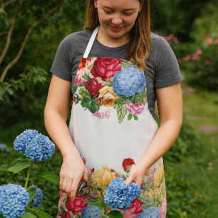 Vintage Rose and Blue Hydrangea Floral Print Apron