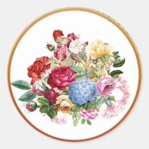 Vintage Rose and Hydrangea Botanical /Gold Trim Classic Round Sticker