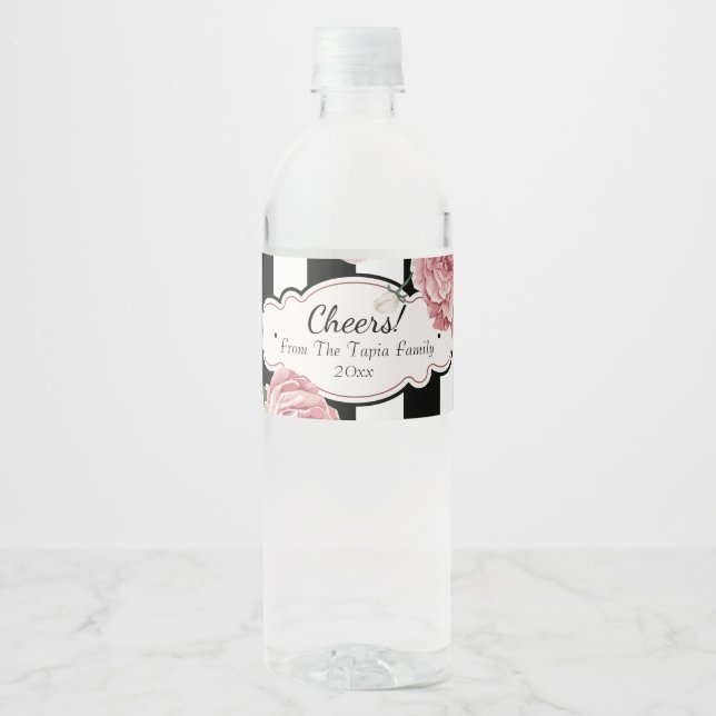 Vintage Rose and Stripes Water Bottle Label (Front)