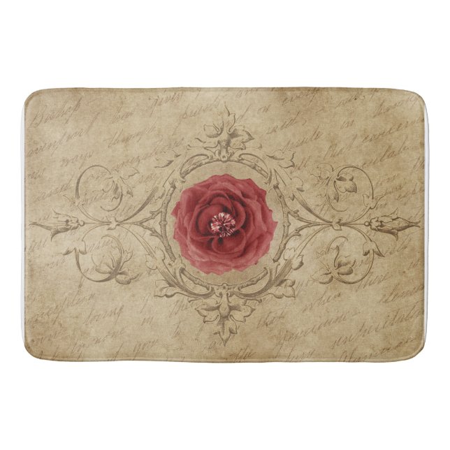 Vintage Rose Bath Mat, Beige & Red Bath Mat (Front)