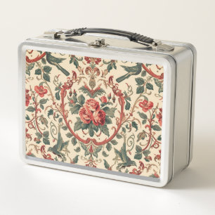 Vintage Rose & Bird Pattern Romantic Art Nouveau Metal Lunch Box