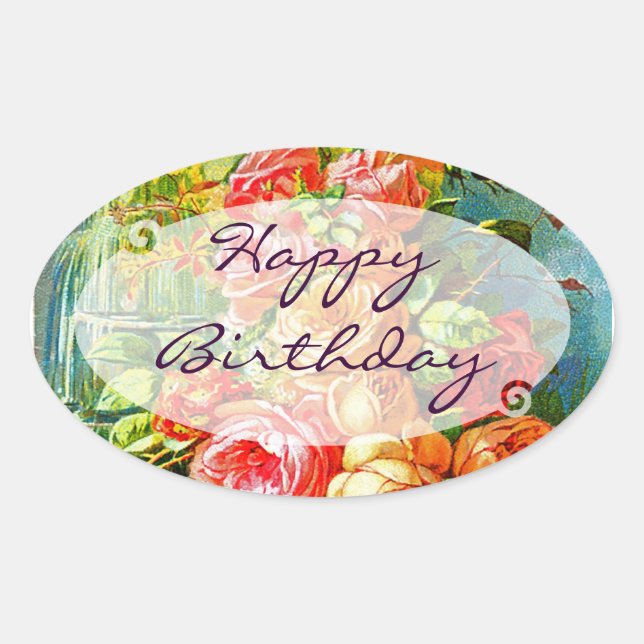 Vintage Rose Birthday Oval Sticker (Front)