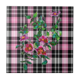 Vintage Rose - black and pink plaid Tile