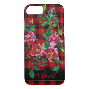 Vintage Rose - black and red plaid -monogrammed iPhone 8/7 Case