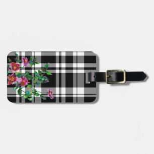 Vintage Rose - black and white plaid Luggage Tag
