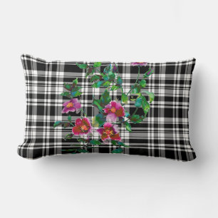 Vintage Rose - black and white plaid Lumbar Cushion