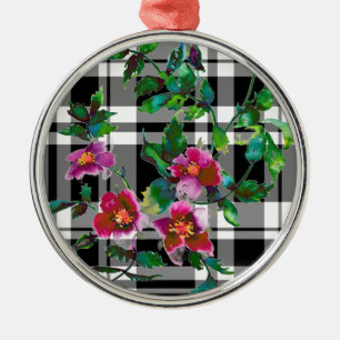 Vintage rose - black and white plaid metal tree decoration