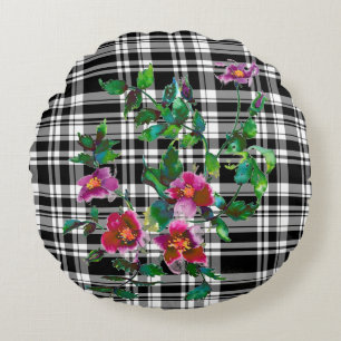 Vintage Rose - black and white plaid Round Cushion