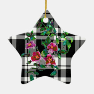 Vintage rose - black and white plaid snow flake ceramic tree decoration