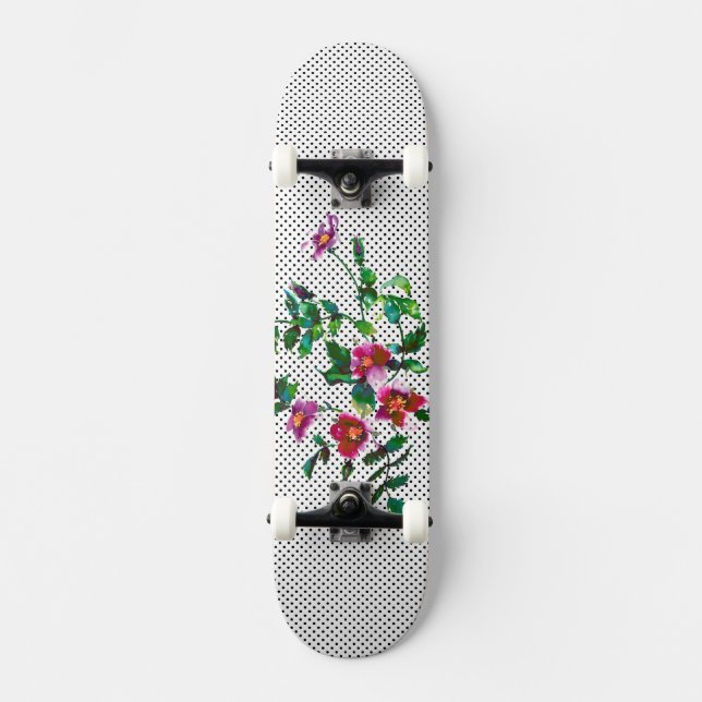 Vintage rose black and white polka-dots skateboard (Front)