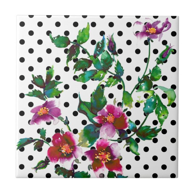 Vintage rose black and white polka-dots tile (Front)