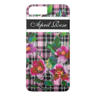 Vintage rose black/pink plaid  monogrammed iPhone 8 plus/7 plus case