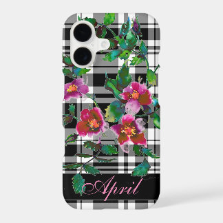 Vintage Rose - black plaid -monogrammed