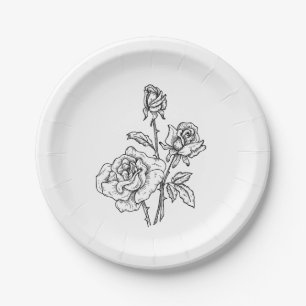 Vintage Rose Black White Floral Wedding Flowers Paper Plate