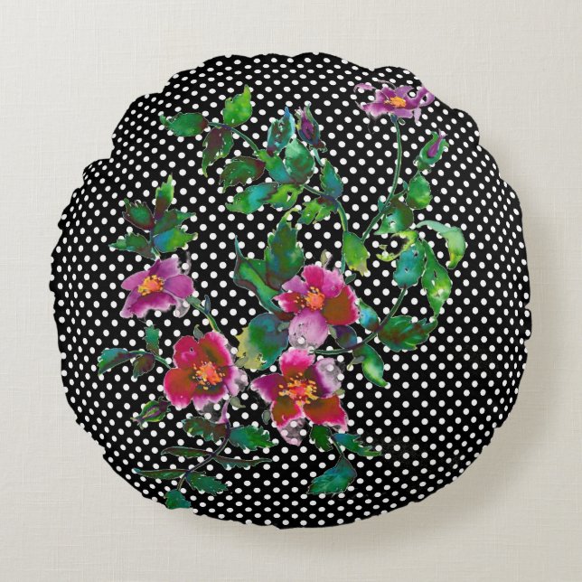 Vintage  Rose black/white polka-dots Round Cushion (Front)