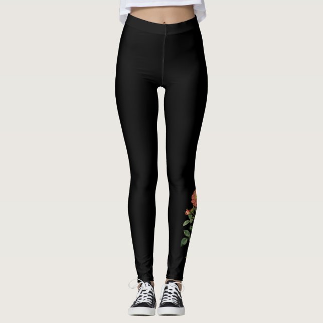 Vintage Rose Bloom Botanical Black Leggings (Front)