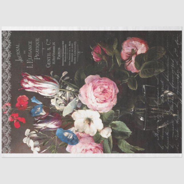 Vintage Rose Bouquet and Tulips Decoupage Tissue Paper (Front)