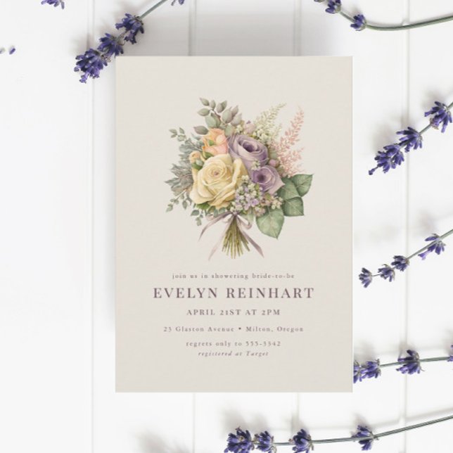 Vintage Rose Bouquet Dusty Purple Bridal Shower Invitation (Creator Uploaded)