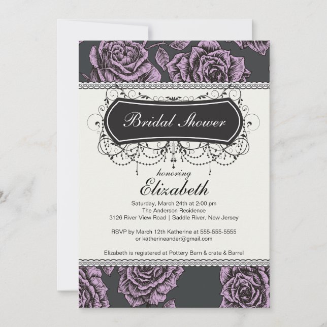 Vintage Rose Bridal Shower Invitation Lavender (Front)