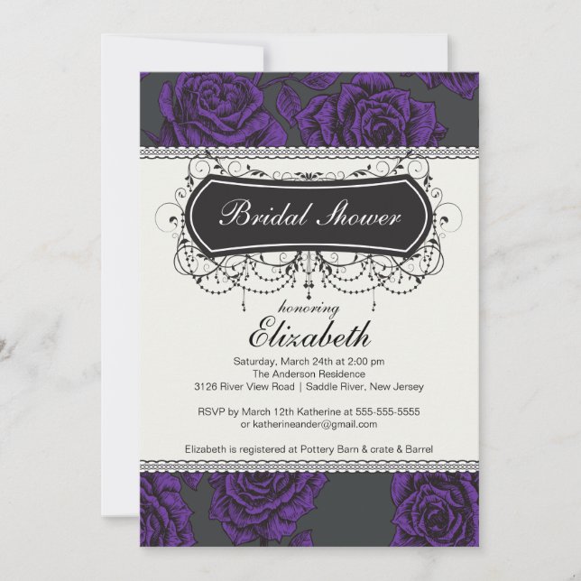Vintage Rose Bridal Shower Invitation Purple (Front)